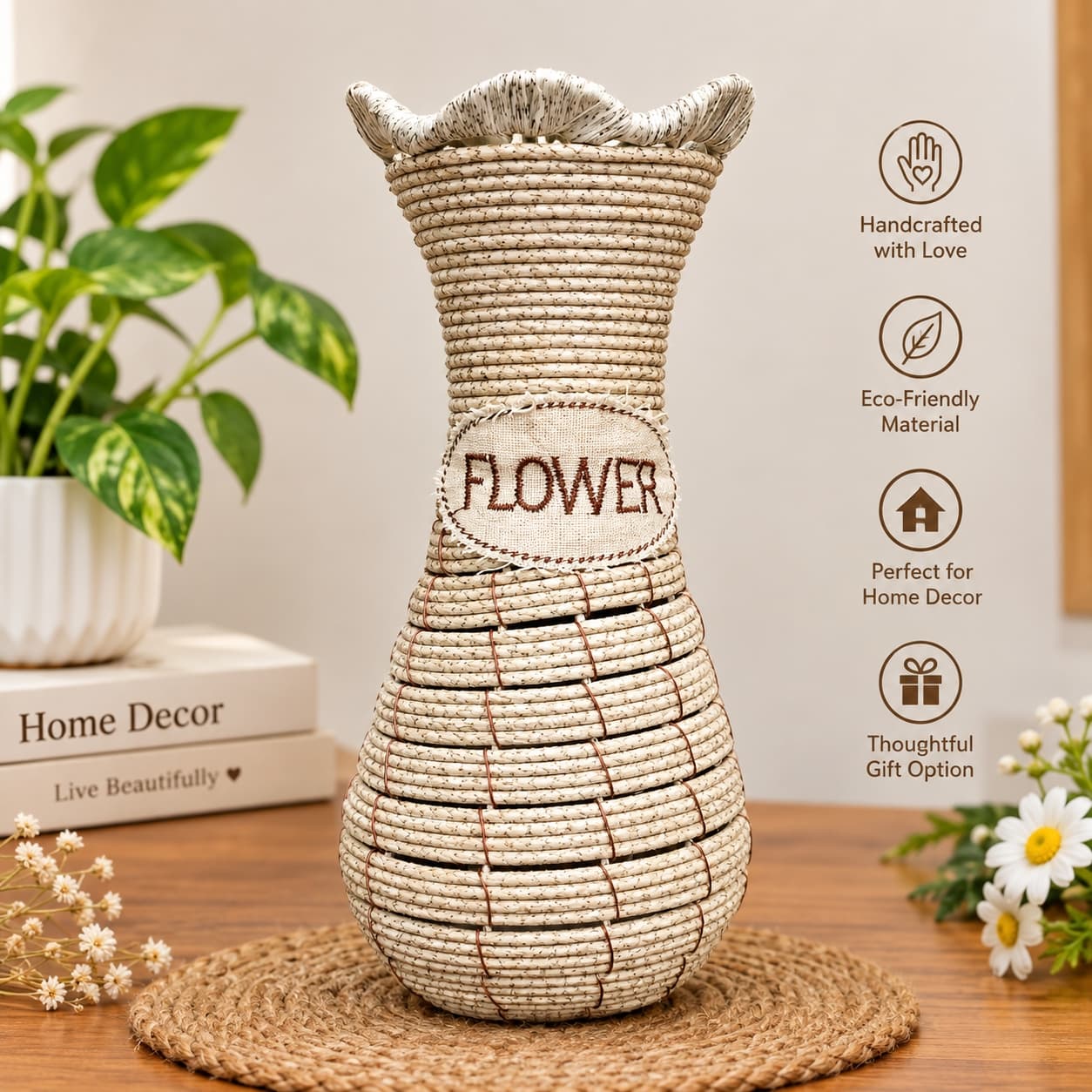 Rustic Handcrafted Woven Rope Flower Vase