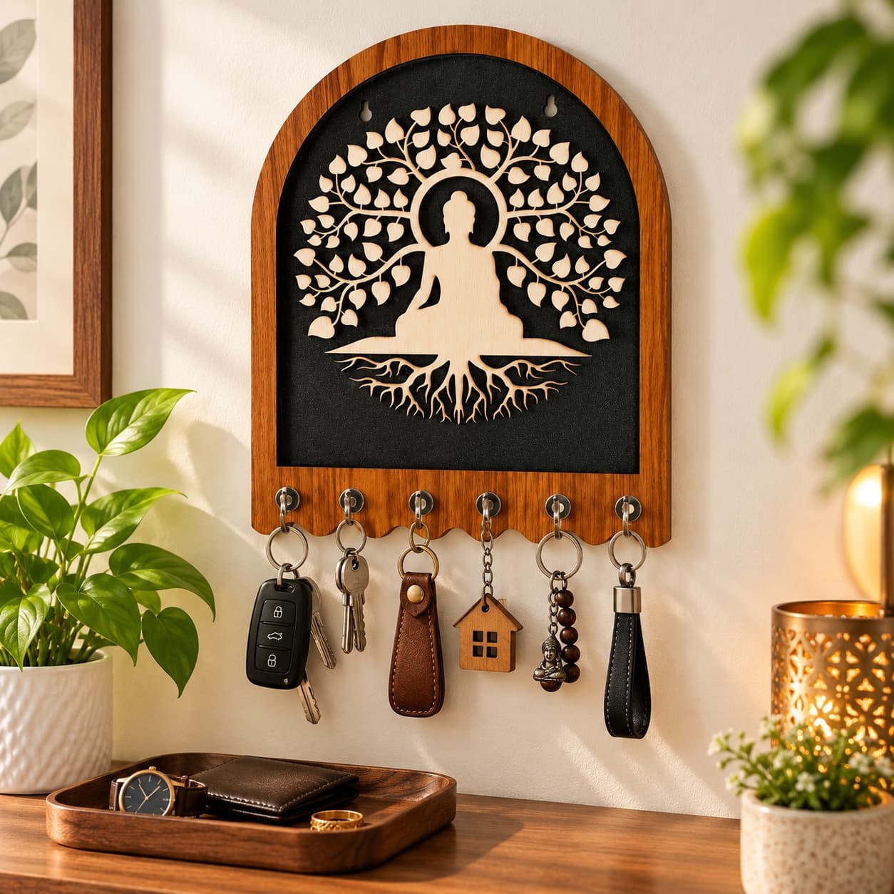 Laser-Cut Wooden Buddha & Bodhi Tree Key Organizer